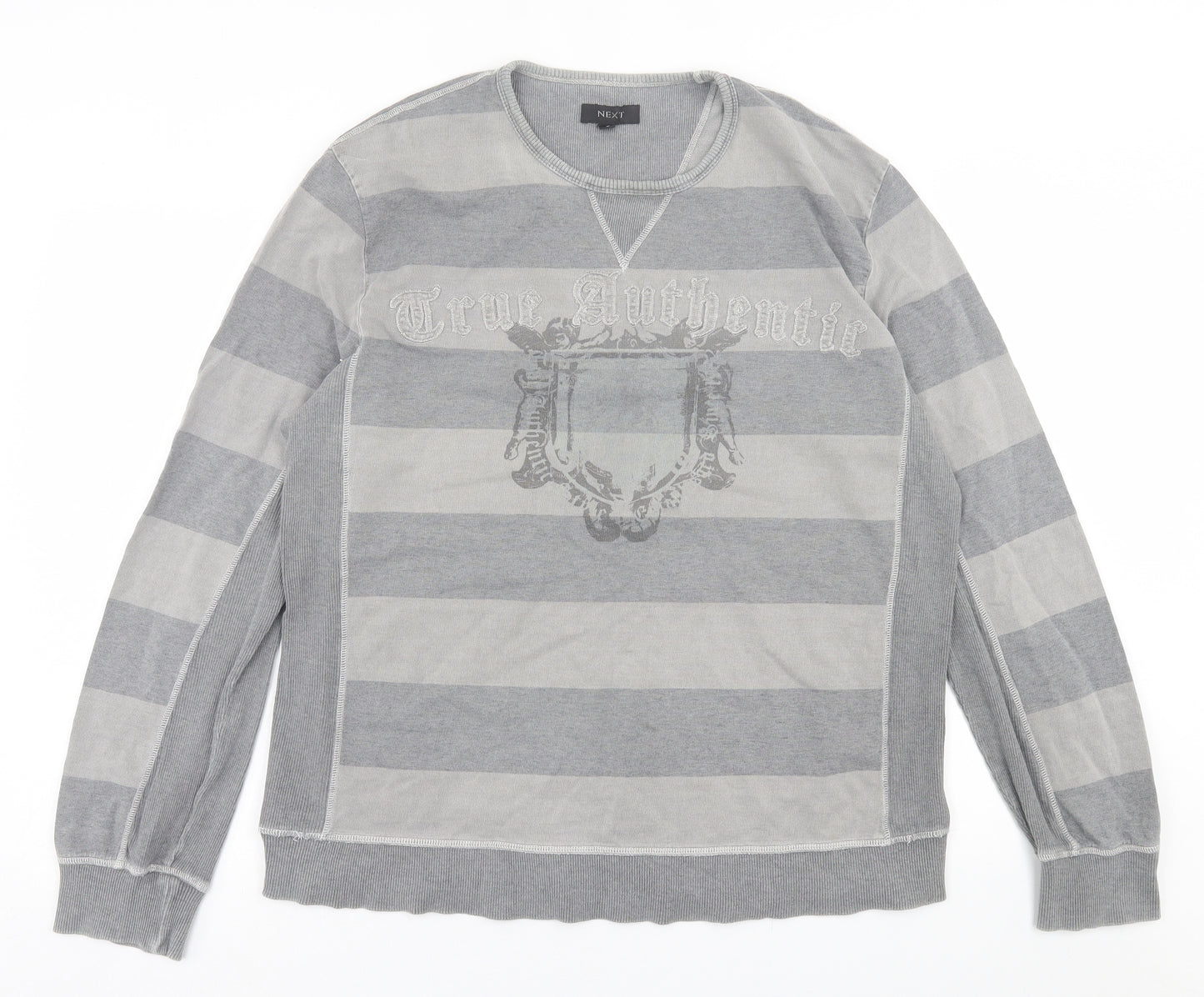 NEXT Mens Grey Crew Neck Striped Cotton Pullover Jumper Size L