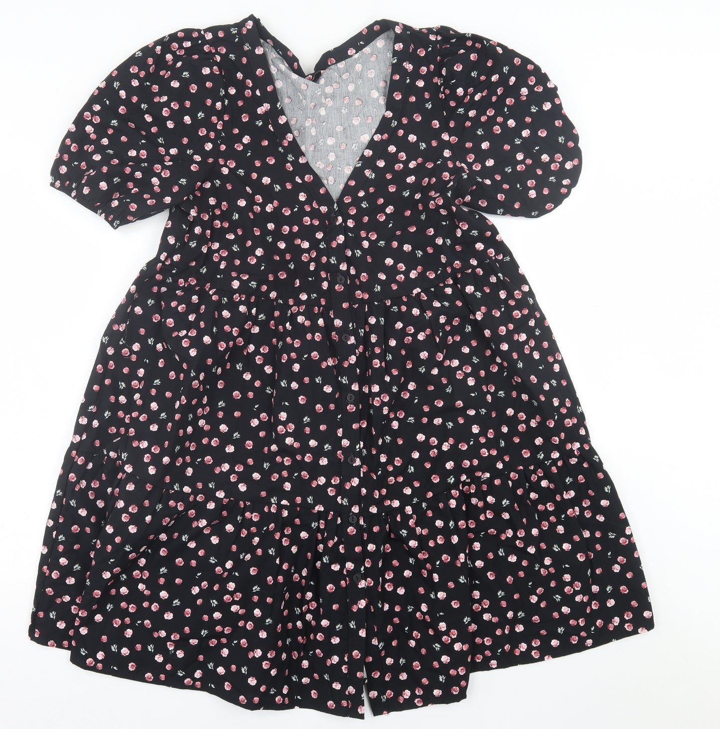 Boux Avenue Womens Black Floral Cotton A-Line  Size 12  V-Neck Button