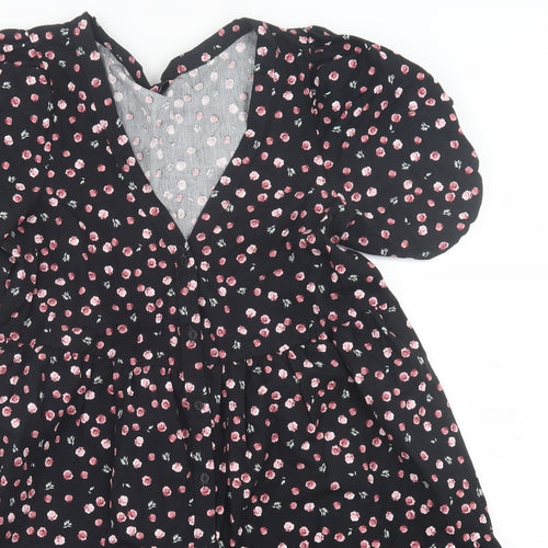 Boux Avenue Womens Black Floral Cotton A-Line  Size 12  V-Neck Button