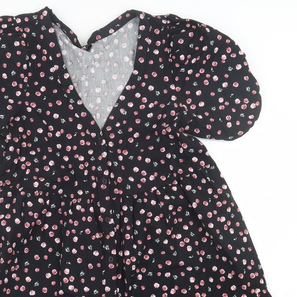 Boux Avenue Womens Black Floral Cotton A-Line  Size 12  V-Neck Button