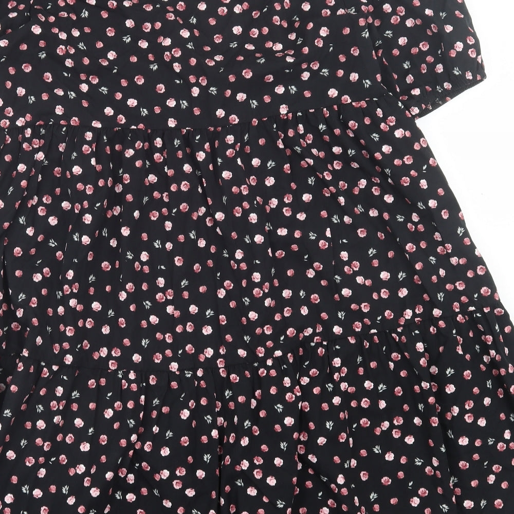Boux Avenue Womens Black Floral Cotton A-Line  Size 12  V-Neck Button