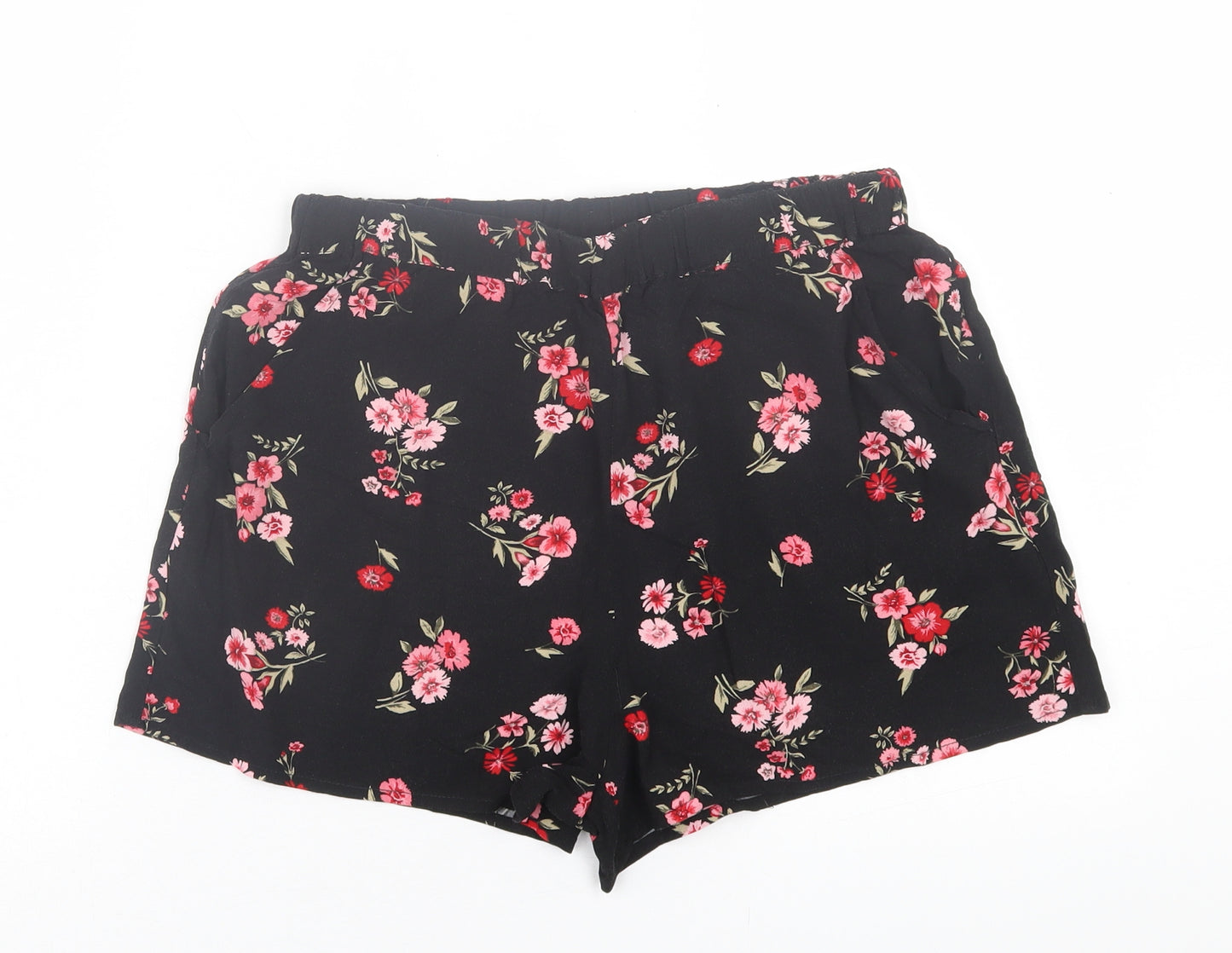 H&M Womens Black Floral Viscose Boyfriend Shorts Size 10  Regular Pull On