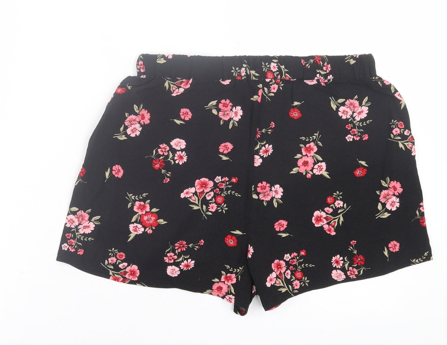 H&M Womens Black Floral Viscose Boyfriend Shorts Size 10  Regular Pull On