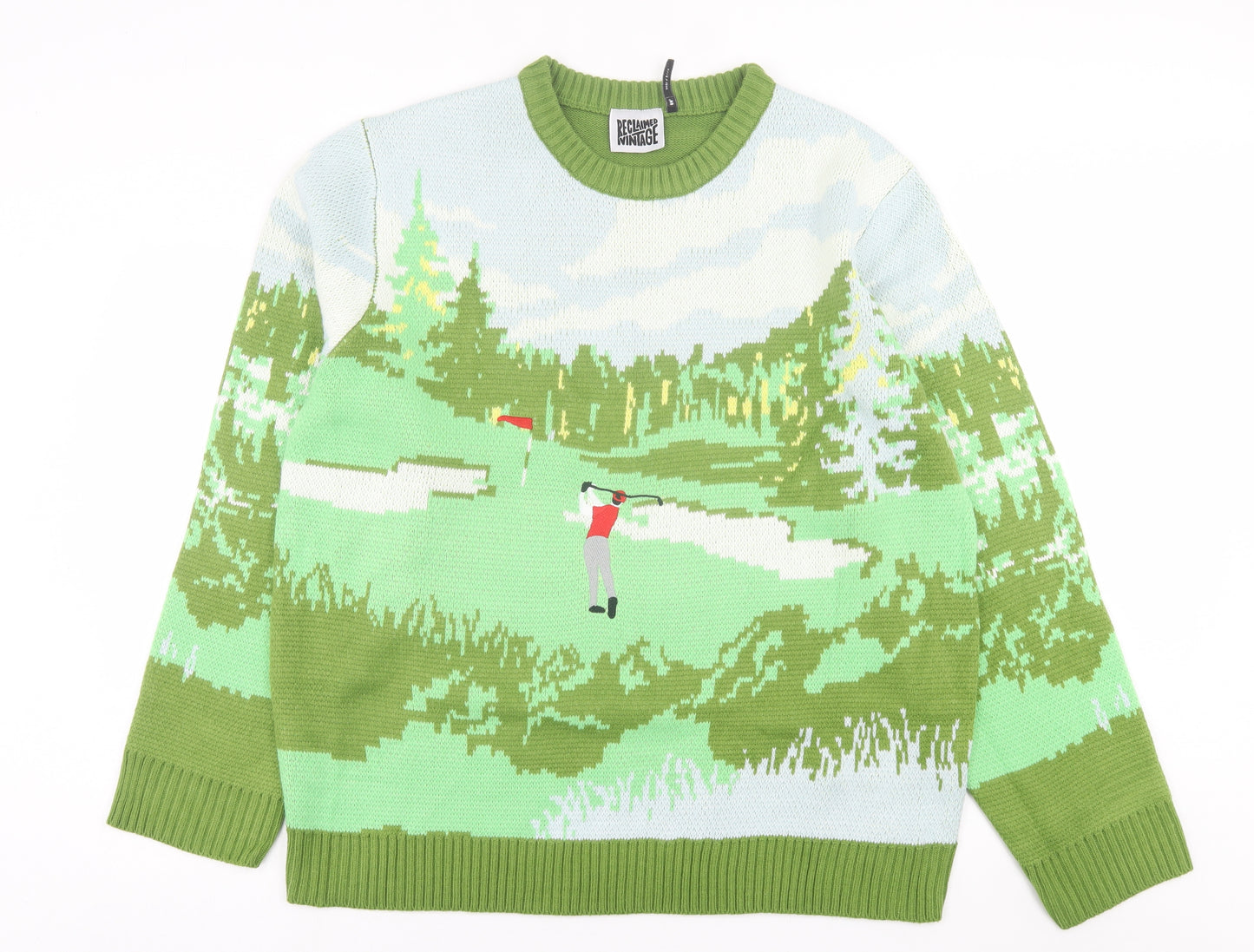 Reclaimed Vintage Mens Green Crew Neck  Acrylic Pullover Jumper Size 2XL