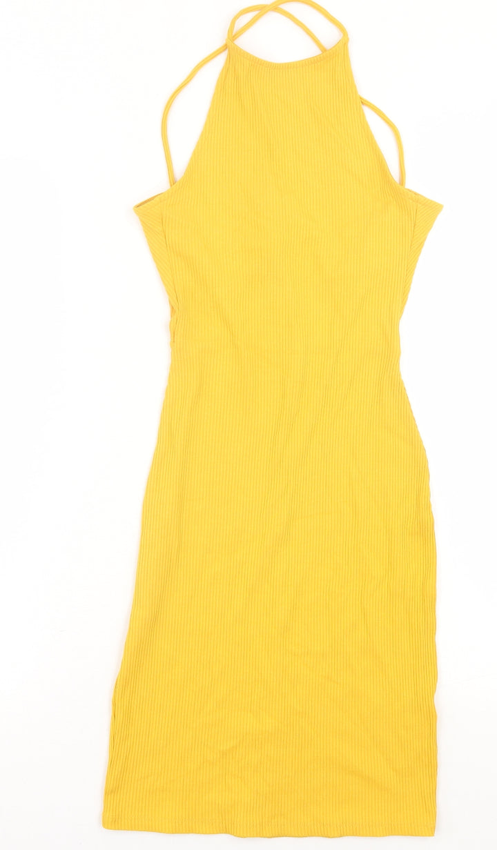 H&M Womens Yellow Viscose Bodycon Size XS Scoop Neck Tie