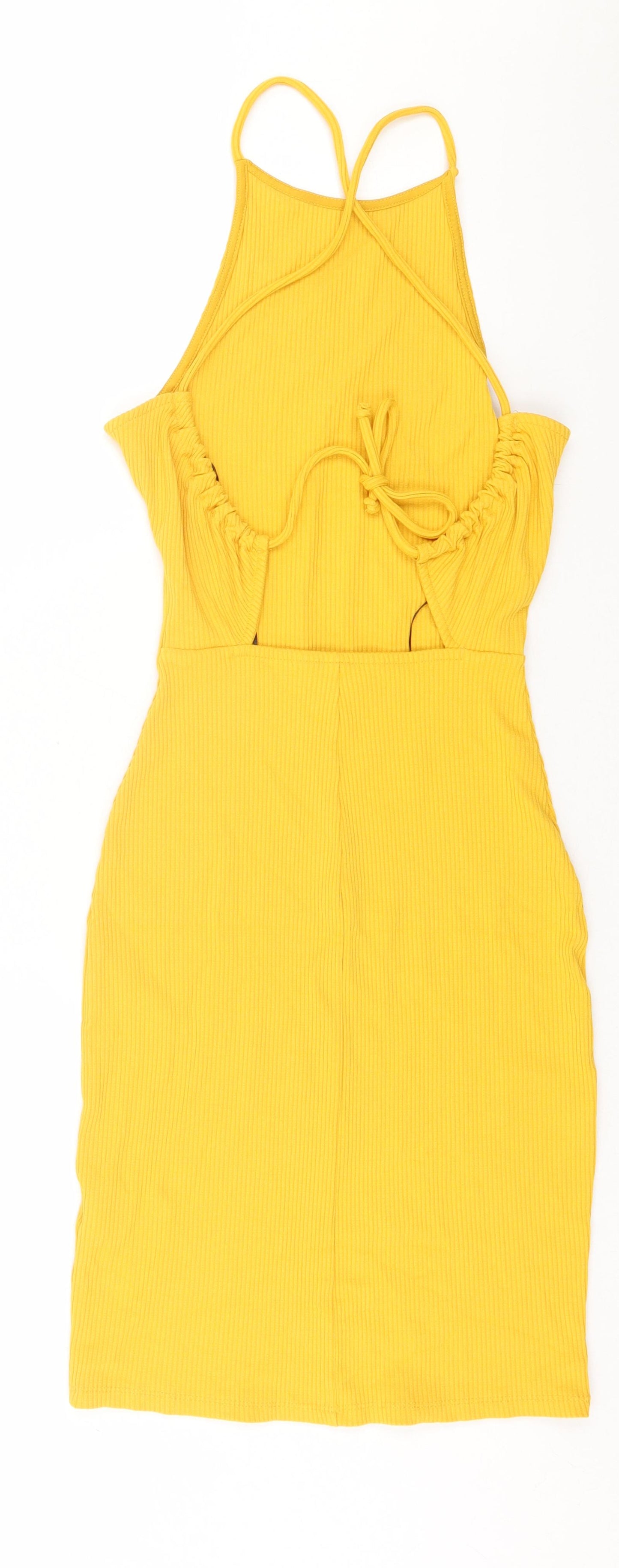 H&M Womens Yellow  Viscose Bodycon  Size XS  Scoop Neck Tie