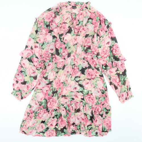 VERO MODA Womens Pink Floral Polyester A-Line  Size M  V-Neck Tie