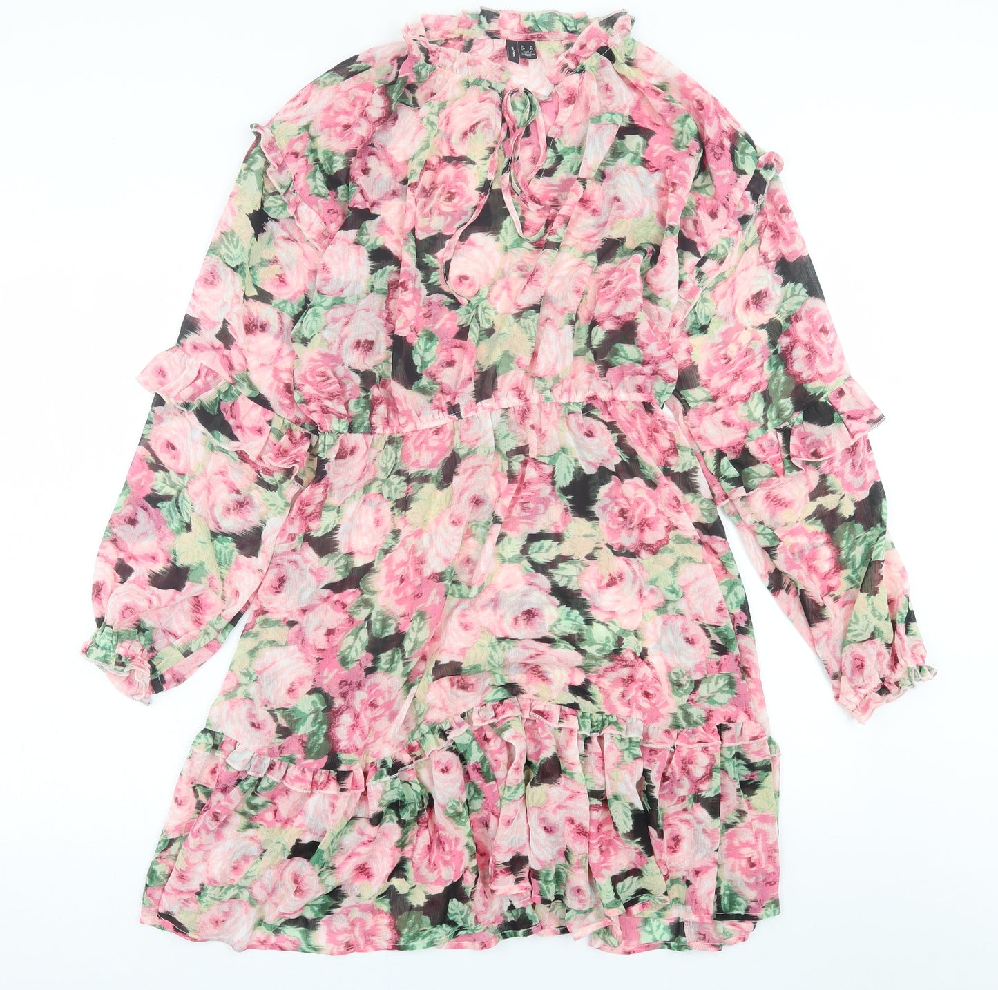 VERO MODA Womens Pink Floral Polyester A-Line  Size M  V-Neck Tie