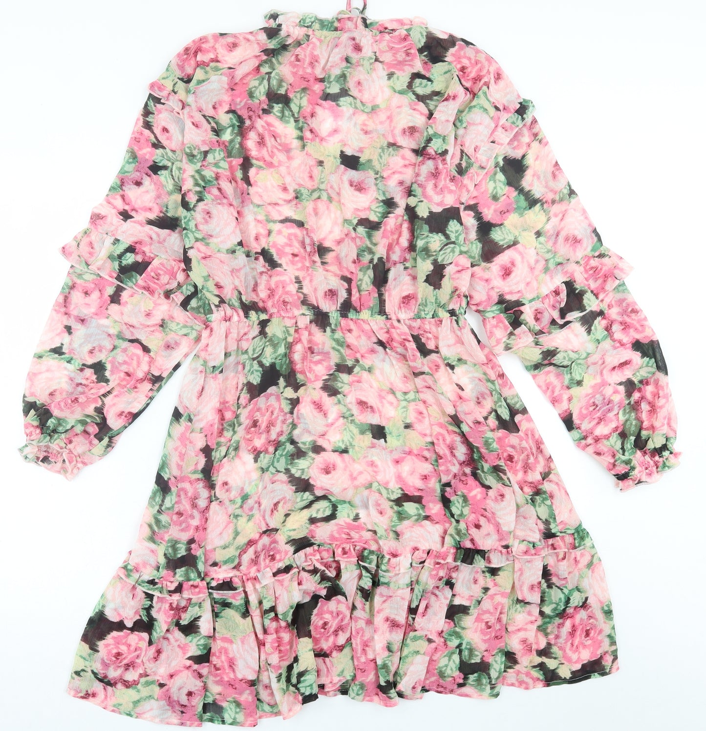 VERO MODA Womens Pink Floral Polyester A-Line  Size M  V-Neck Tie
