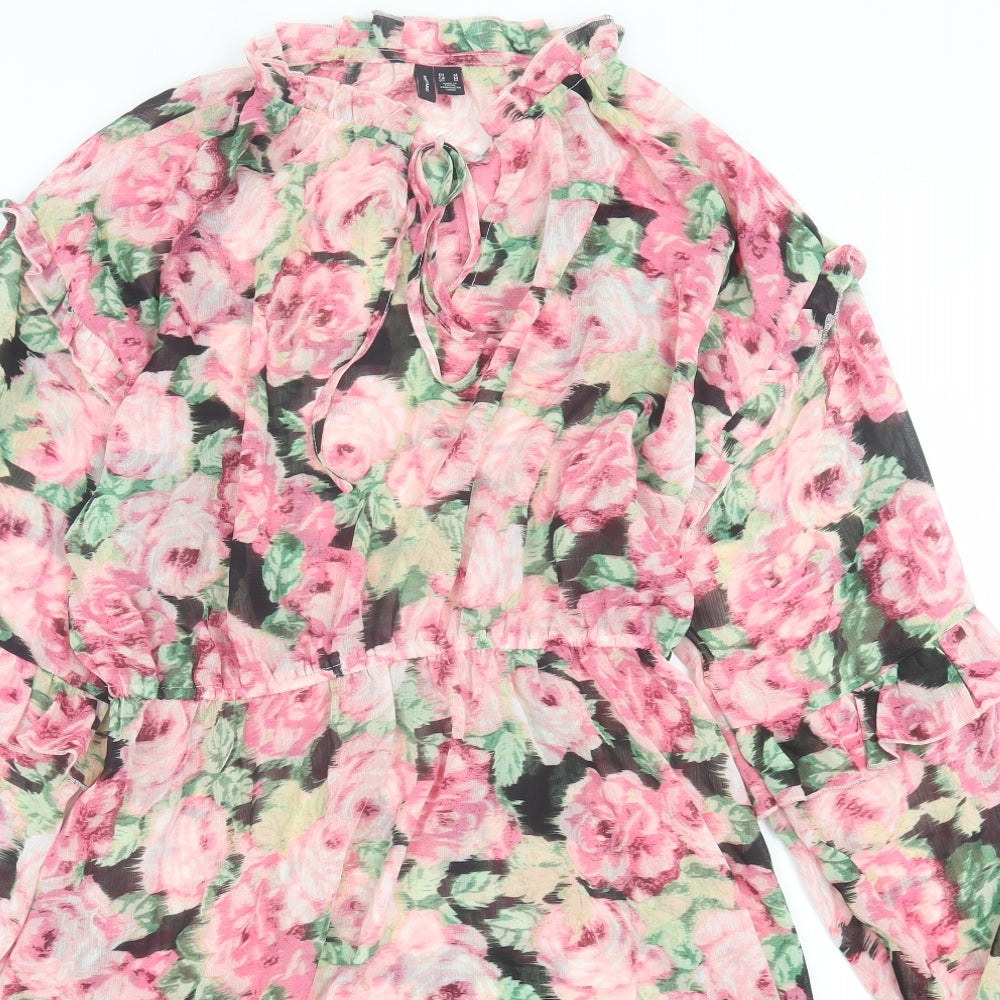 VERO MODA Womens Pink Floral Polyester A-Line  Size M  V-Neck Tie