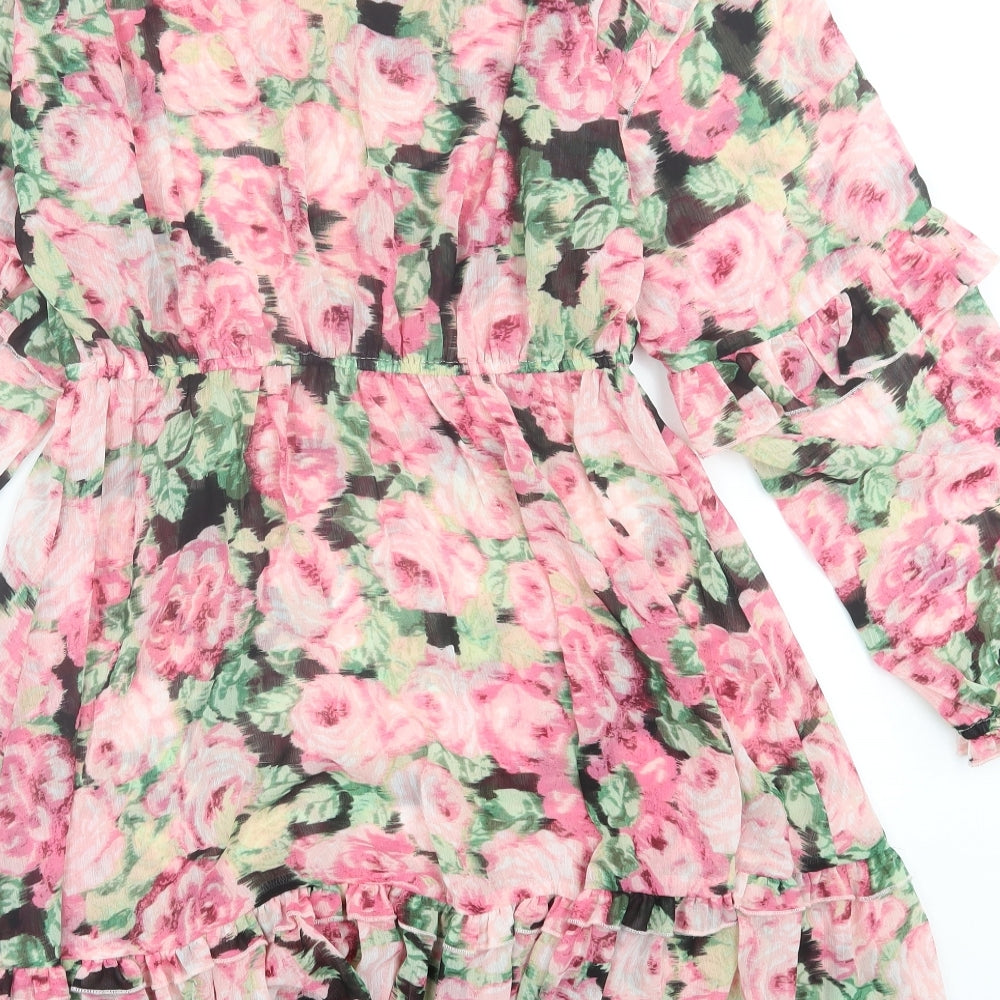 VERO MODA Womens Pink Floral Polyester A-Line  Size M  V-Neck Tie