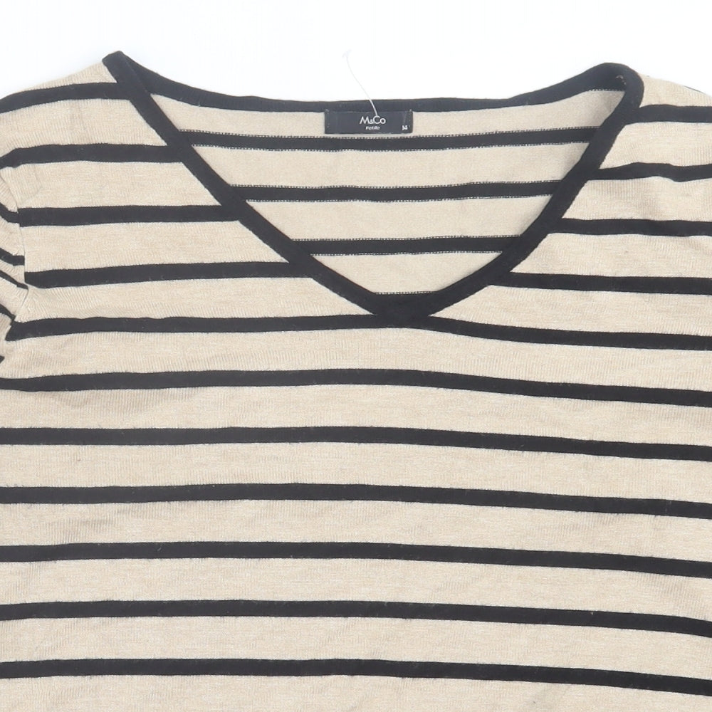 M&Co Womens Beige V-Neck Striped Viscose Pullover Jumper Size 14