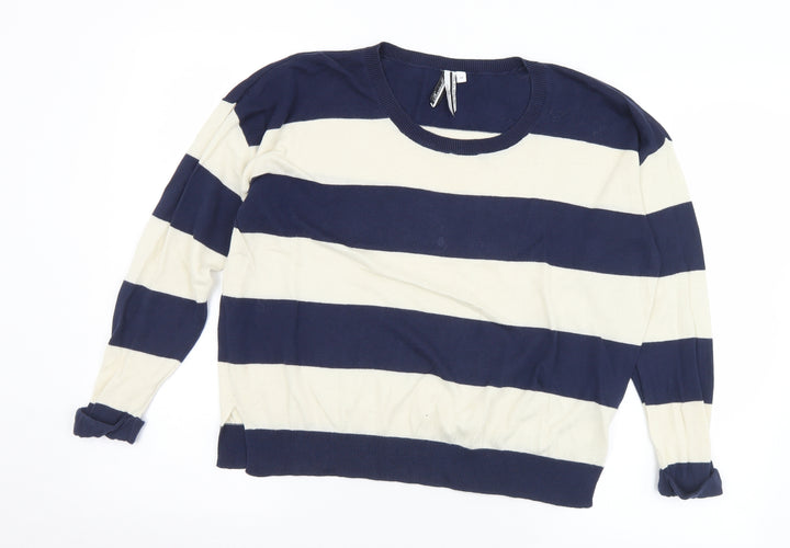 New Look Womens Blue Round Neck Striped Cotton Pullover Jumper Size 10