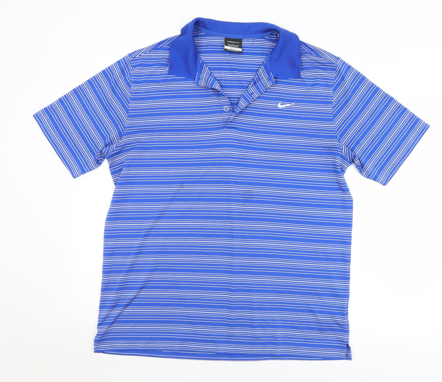 Nike Mens Blue Striped Polyester  Polo Size L Collared Button - Golf