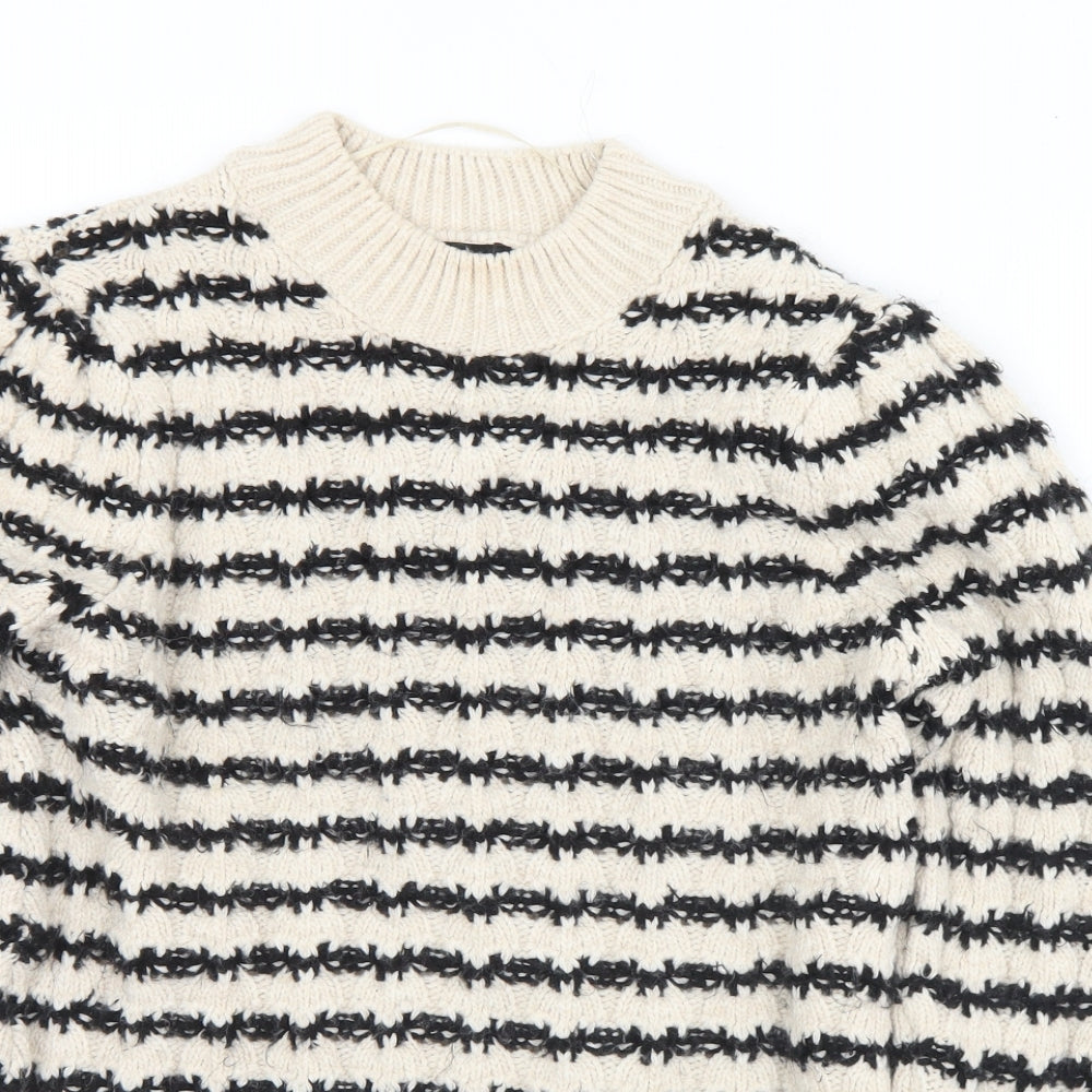 MNG Womens Beige Mock Neck Striped Acrylic Pullover Jumper Size M