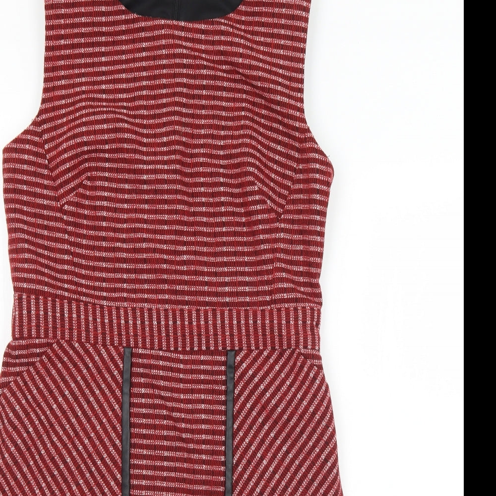 TU Womens Red Striped Polyester Sheath  Size 10  Round Neck Zip
