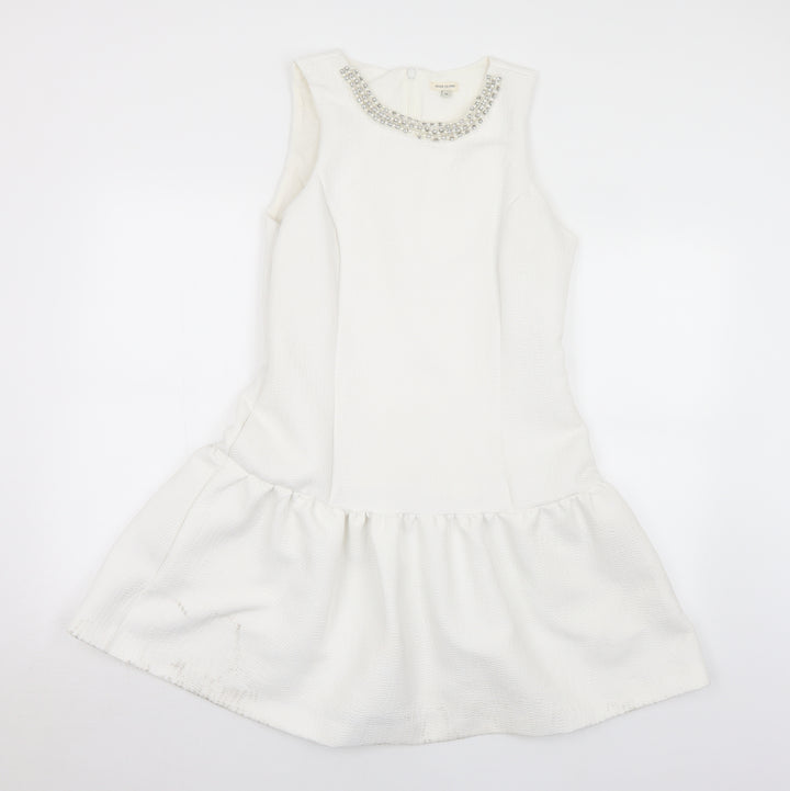 River Island Womens White Polyester Fit & Flare Size 10 Round Neck Zip