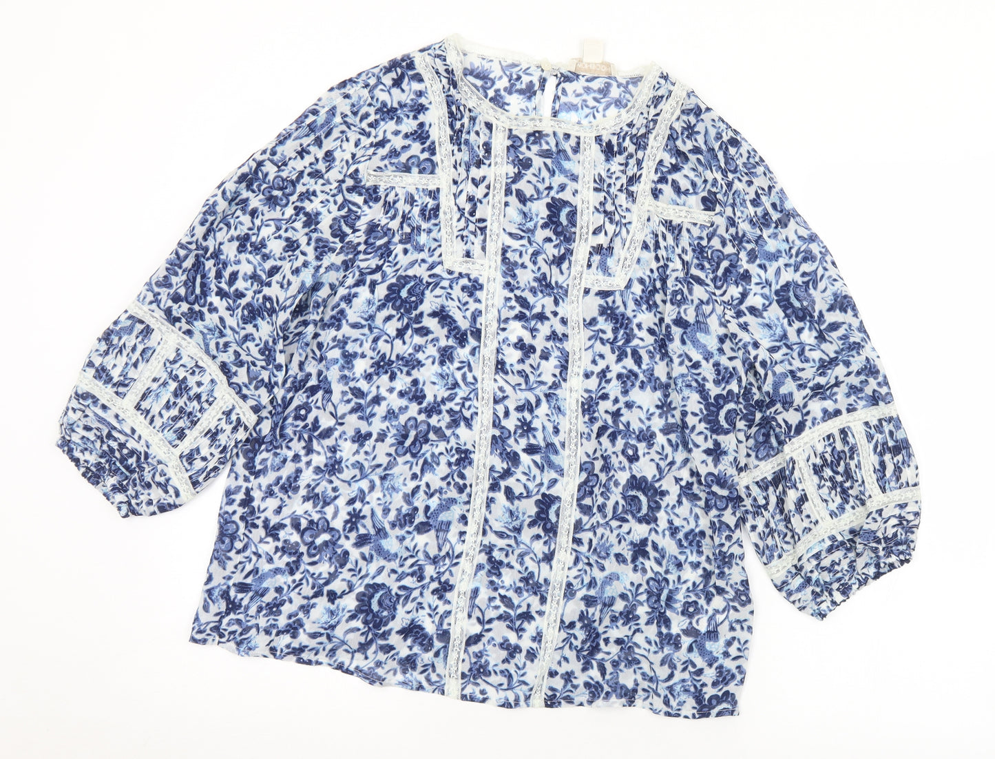 Monsoon Womens Blue Floral Viscose Basic Blouse Size 10 Round Neck