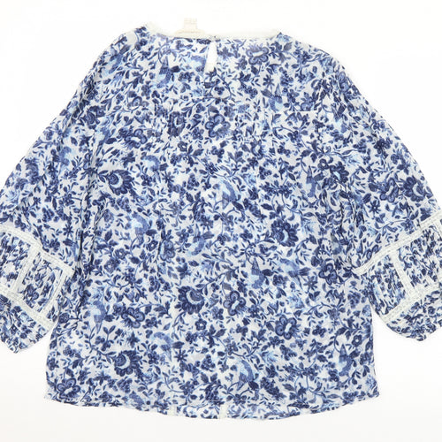 Monsoon Womens Blue Floral Viscose Basic Blouse Size 10 Round Neck