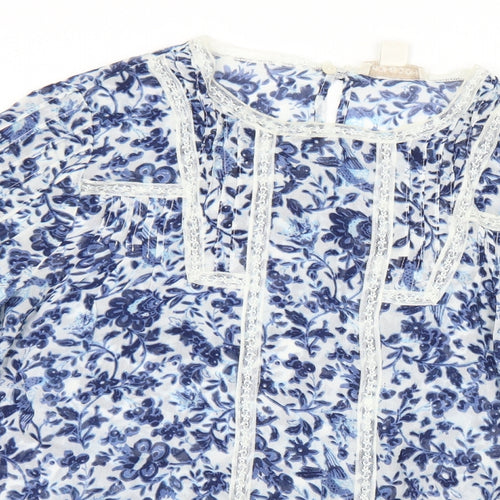 Monsoon Womens Blue Floral Viscose Basic Blouse Size 10 Round Neck