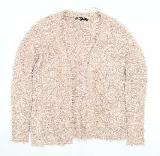 Front view of Heart & Soul women’s pink collared polyester cardigan jumper, size UK 12
