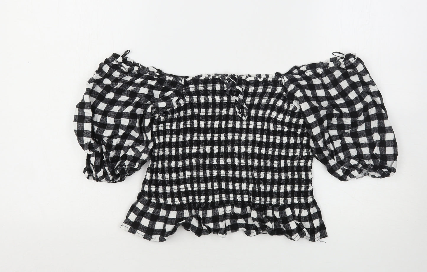 NEXT Womens Black Check Viscose Cropped Blouse Size 14 Boat Neck