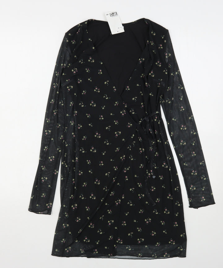 H&M Womens Black Floral Polyester Mini  Size XS  V-Neck