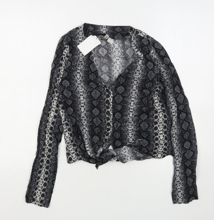 H&M Womens Grey Animal Print Viscose Basic Button-Up Size 6 V-Neck