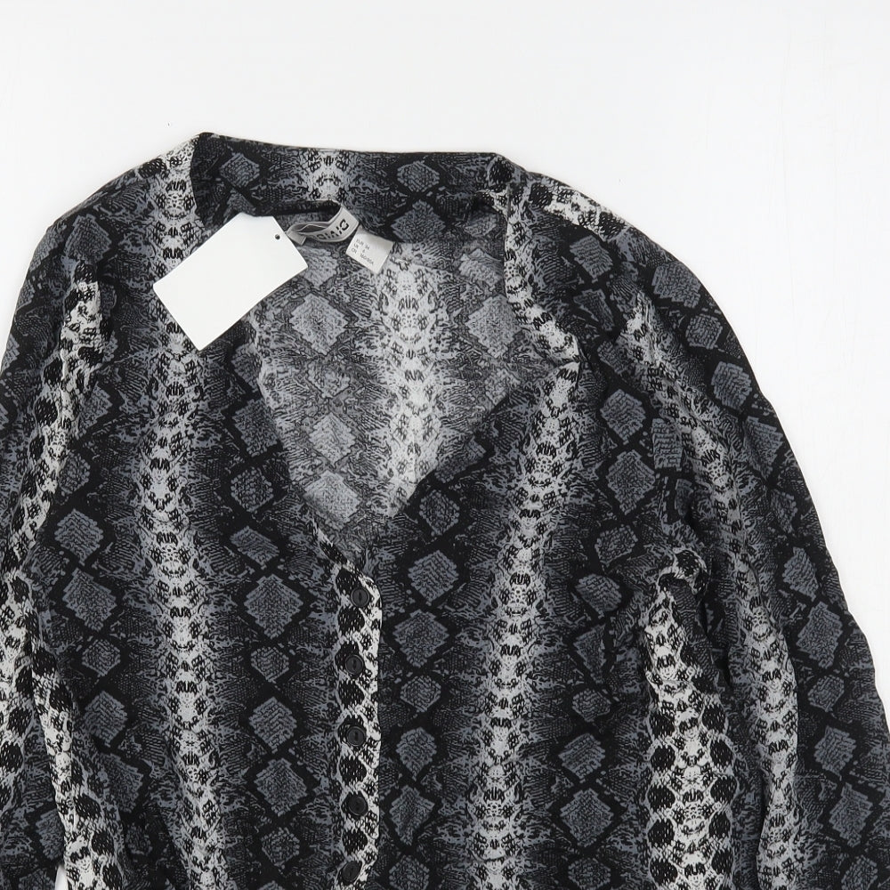 H&M Womens Grey Animal Print Viscose Basic Button-Up Size 6 V-Neck