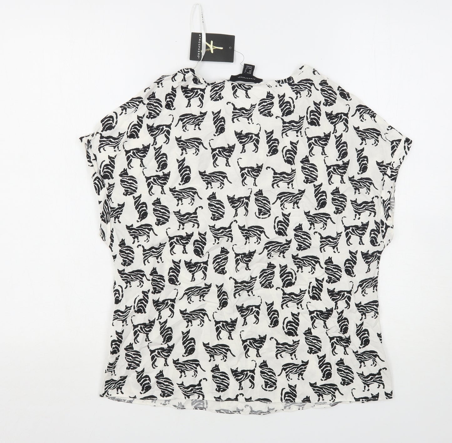 Atmosphere Womens White Animal Print Viscose Basic Blouse Size 8 Round Neck