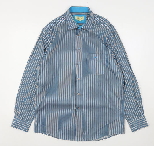 Front view of Daniel Grahame men’s blue striped cotton button-up, size L, collared