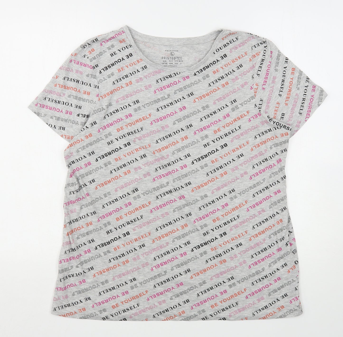 Primark Womens Grey Geometric Cotton Basic T-Shirt Size 14 Round Neck