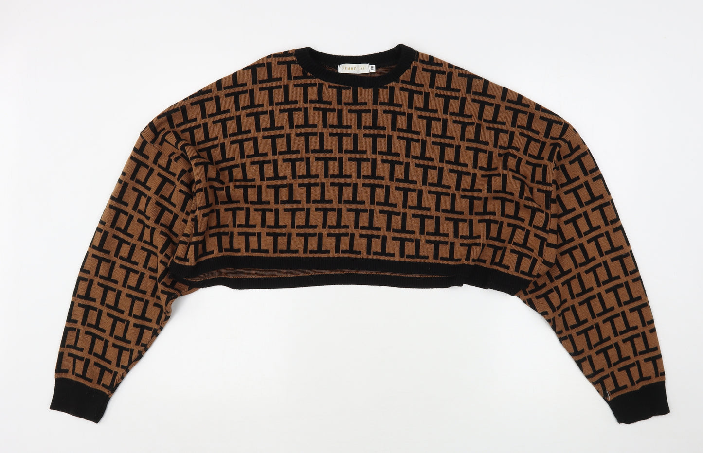 FemmeLuxe Womens Brown Geometric Acrylic Pullover Sweatshirt Size S   - Cropped