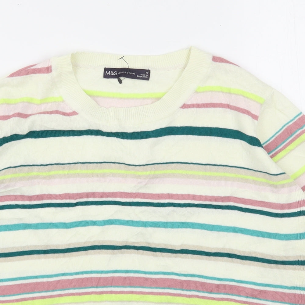 Marks and Spencer Womens Multicoloured Round Neck Striped Cotton Pullover Jumper Size 16
