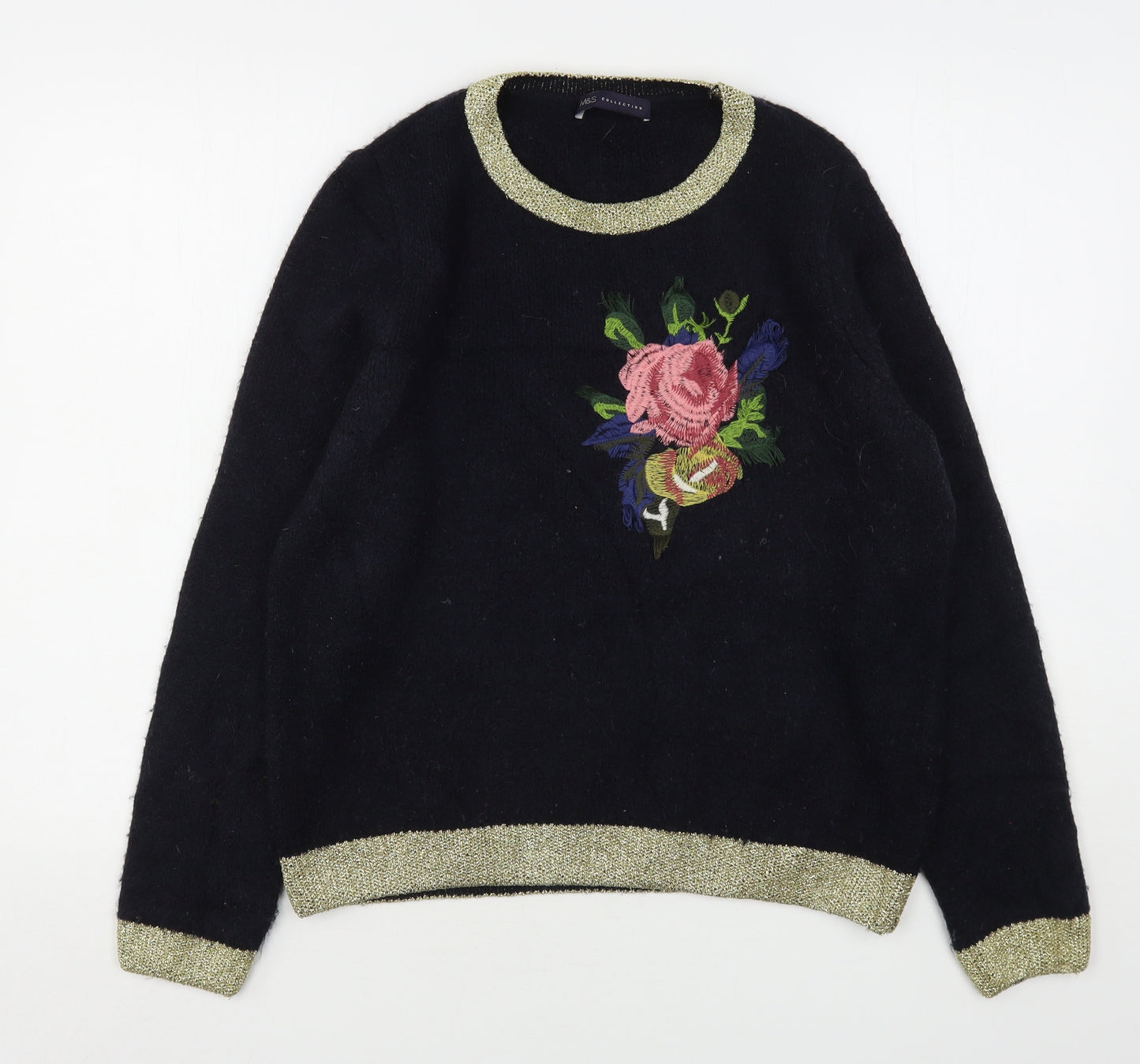 Marks and Spencer Womens Blue Round Neck Floral Acrylic Pullover Jumper Size 14