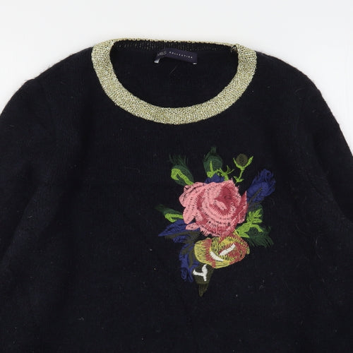 Marks and Spencer Womens Blue Round Neck Floral Acrylic Pullover Jumper Size 14