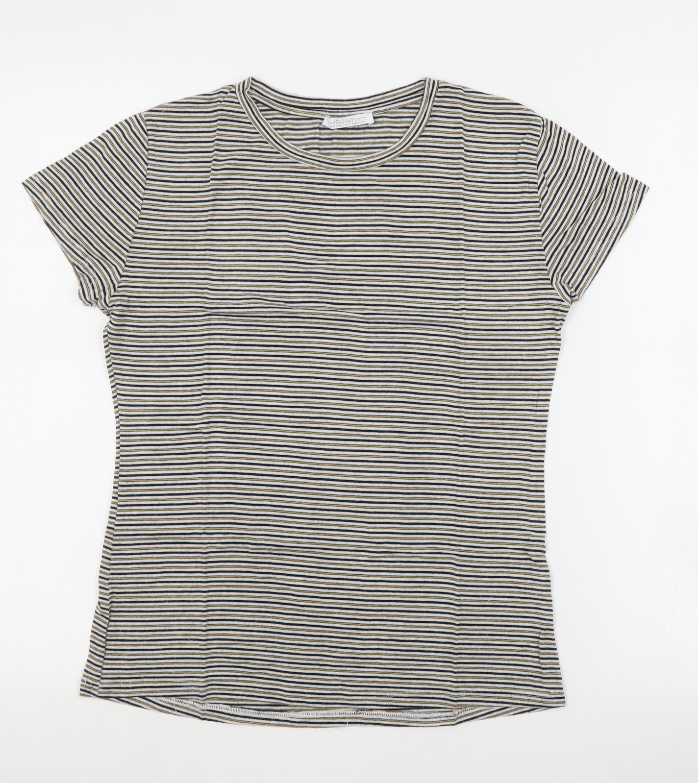 Zara Womens Blue Striped Cotton Basic T-Shirt Size S Round Neck
