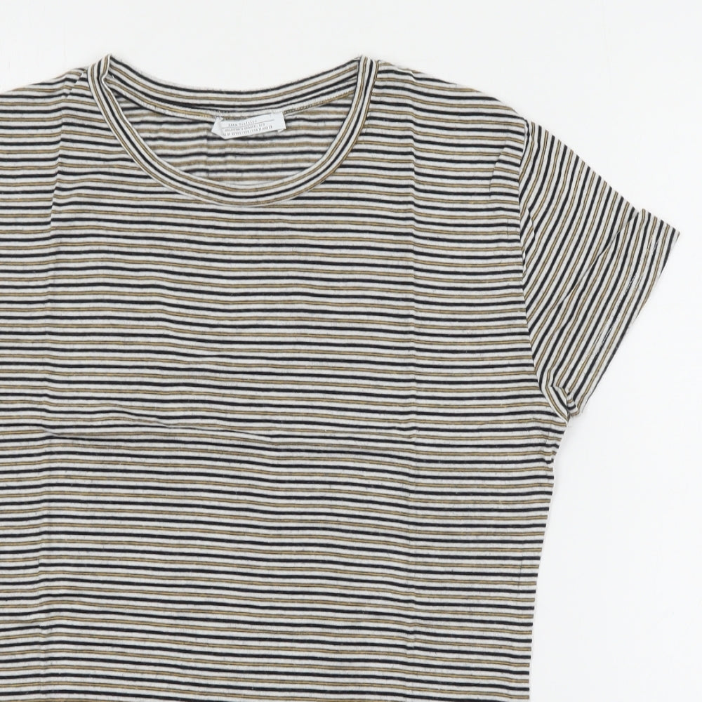 Zara Womens Blue Striped Cotton Basic T-Shirt Size S Round Neck