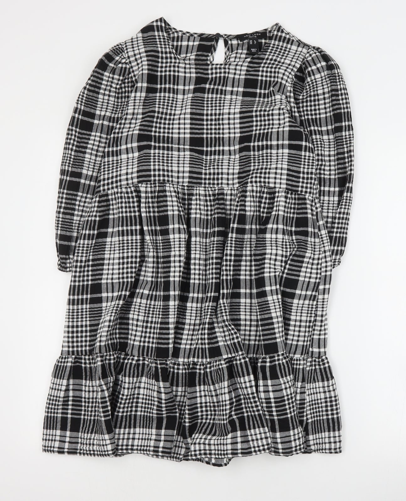 New Look Womens Black Plaid Cotton Shift  Size 8  Round Neck Button