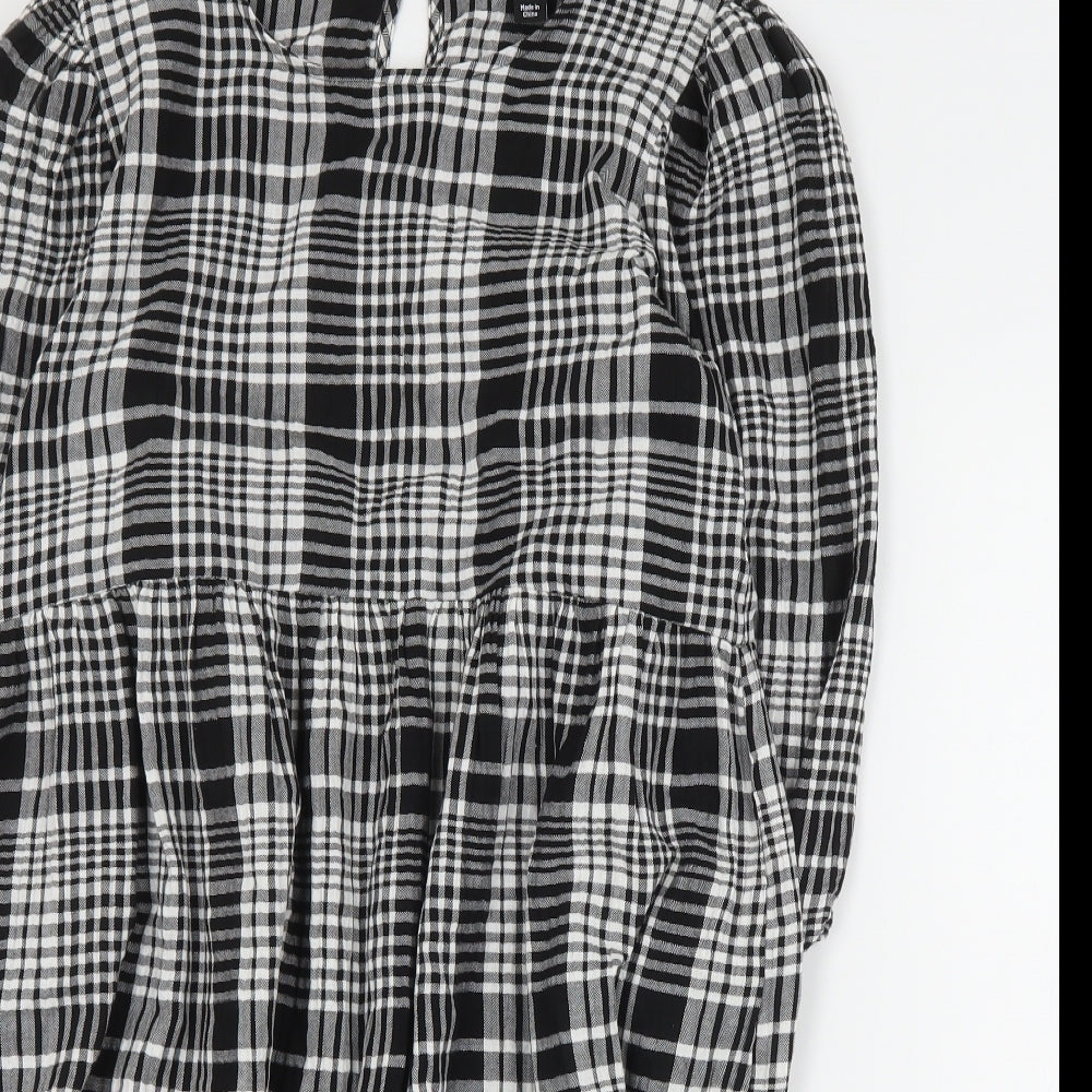 New Look Womens Black Plaid Cotton Shift  Size 8  Round Neck Button