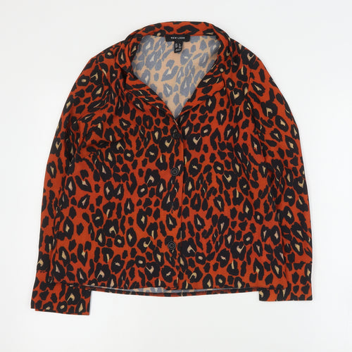 New Look Womens Orange Animal Print Polyester Basic Blouse Size 6 Collared