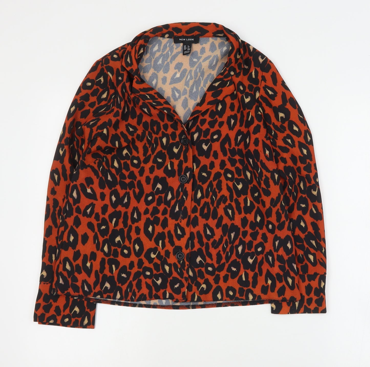 New Look Womens Orange Animal Print Polyester Basic Blouse Size 6 Collared