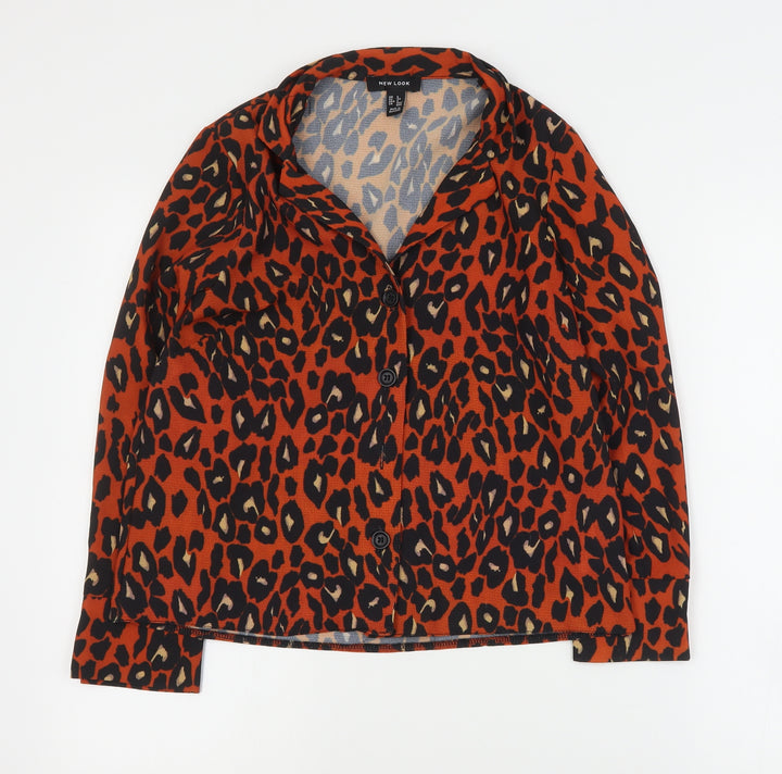 New Look Womens Orange Animal Print Polyester Basic Blouse Size 6 Collared