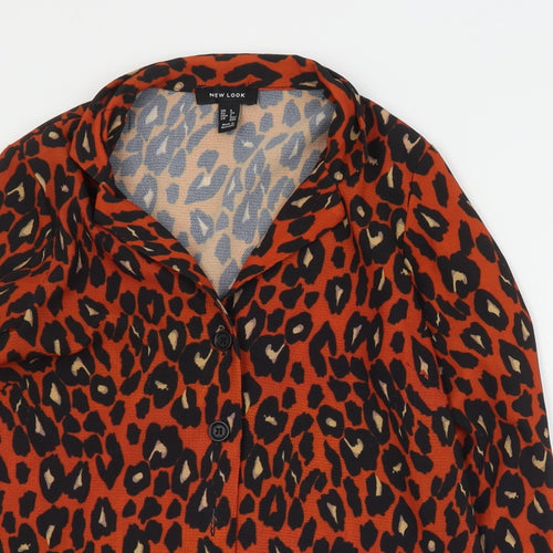 New Look Womens Orange Animal Print Polyester Basic Blouse Size 6 Collared