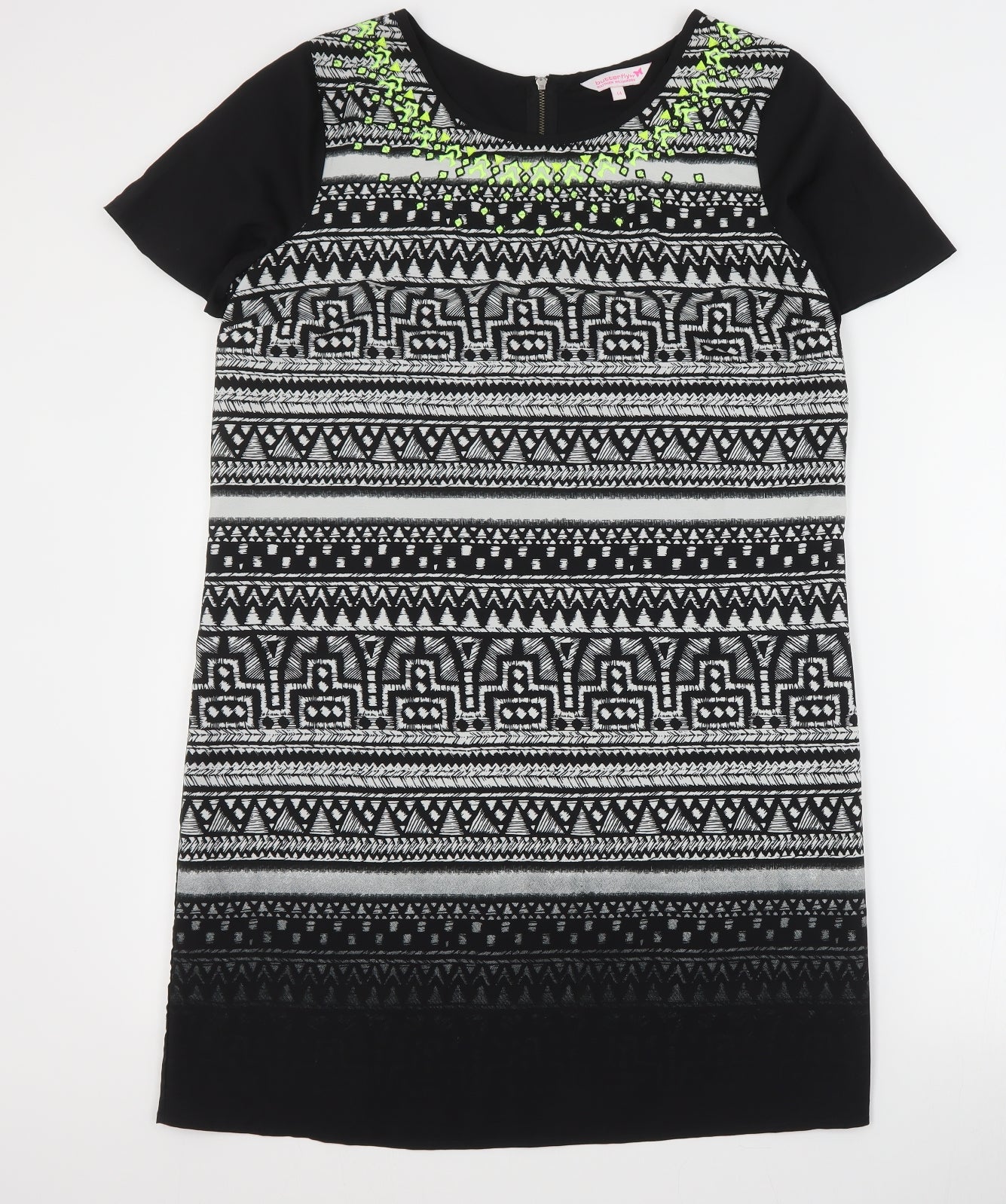 Butterfly Womens Black Geometric Polyester Mini  Size 14  Round Neck Zip