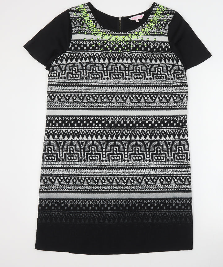 Butterfly Womens Black Geometric Polyester Mini  Size 14  Round Neck Zip