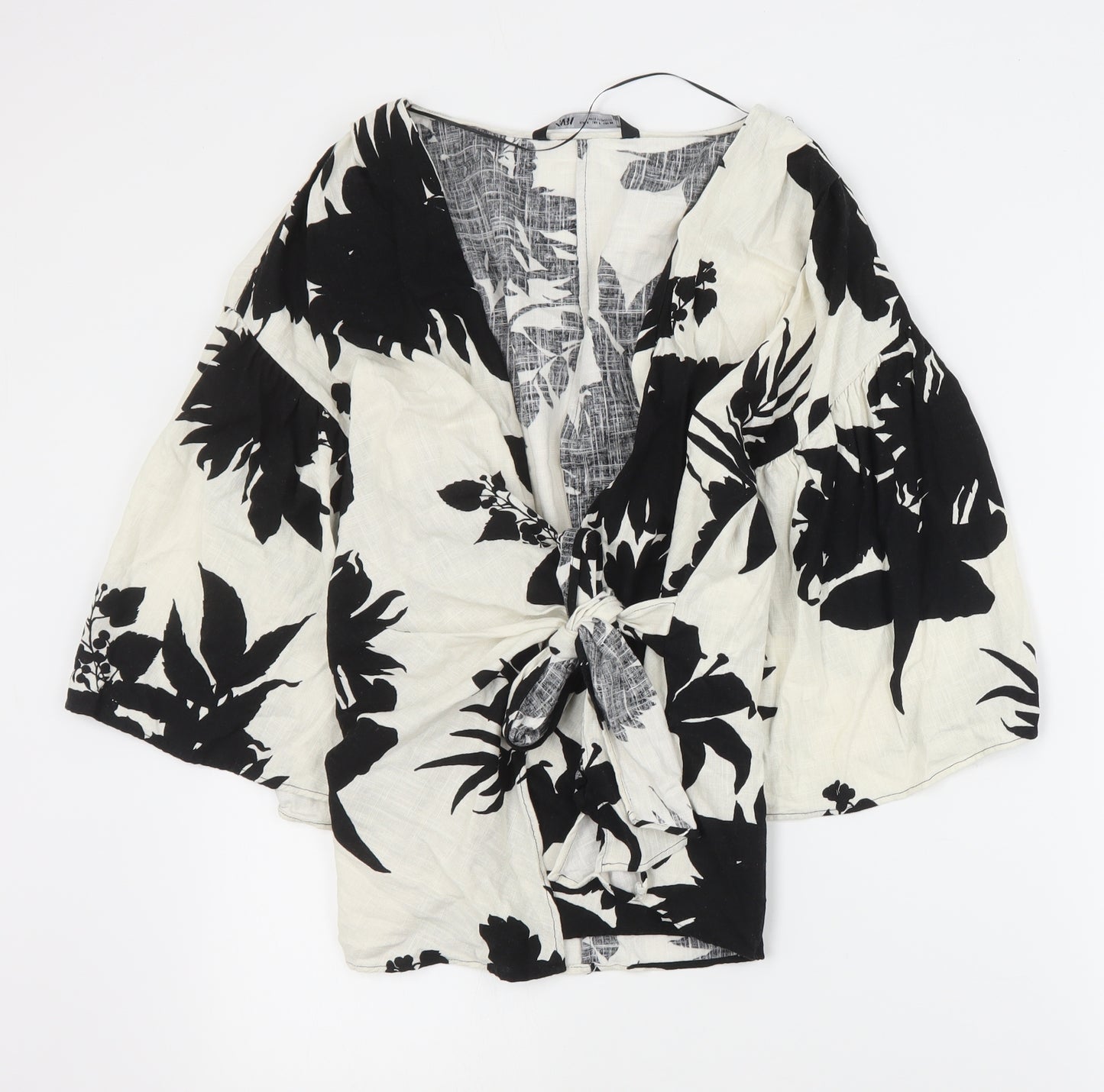 Zara Womens Black Floral Viscose Wrap Blouse Size S V-Neck