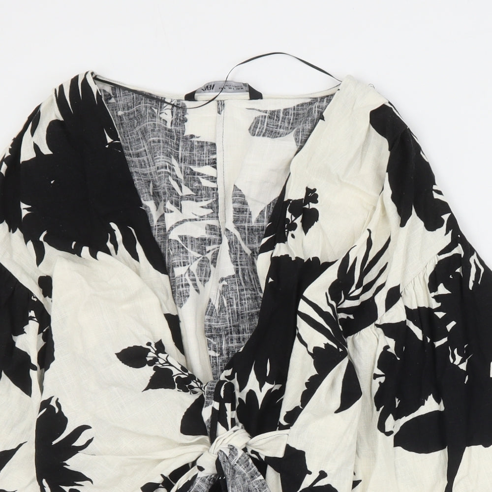 Zara Womens Black Floral Viscose Wrap Blouse Size S V-Neck