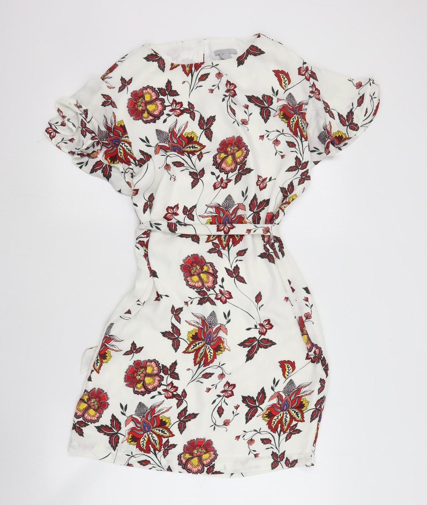 H&M Womens Ivory Floral Polyester Mini  Size 8  Round Neck Button