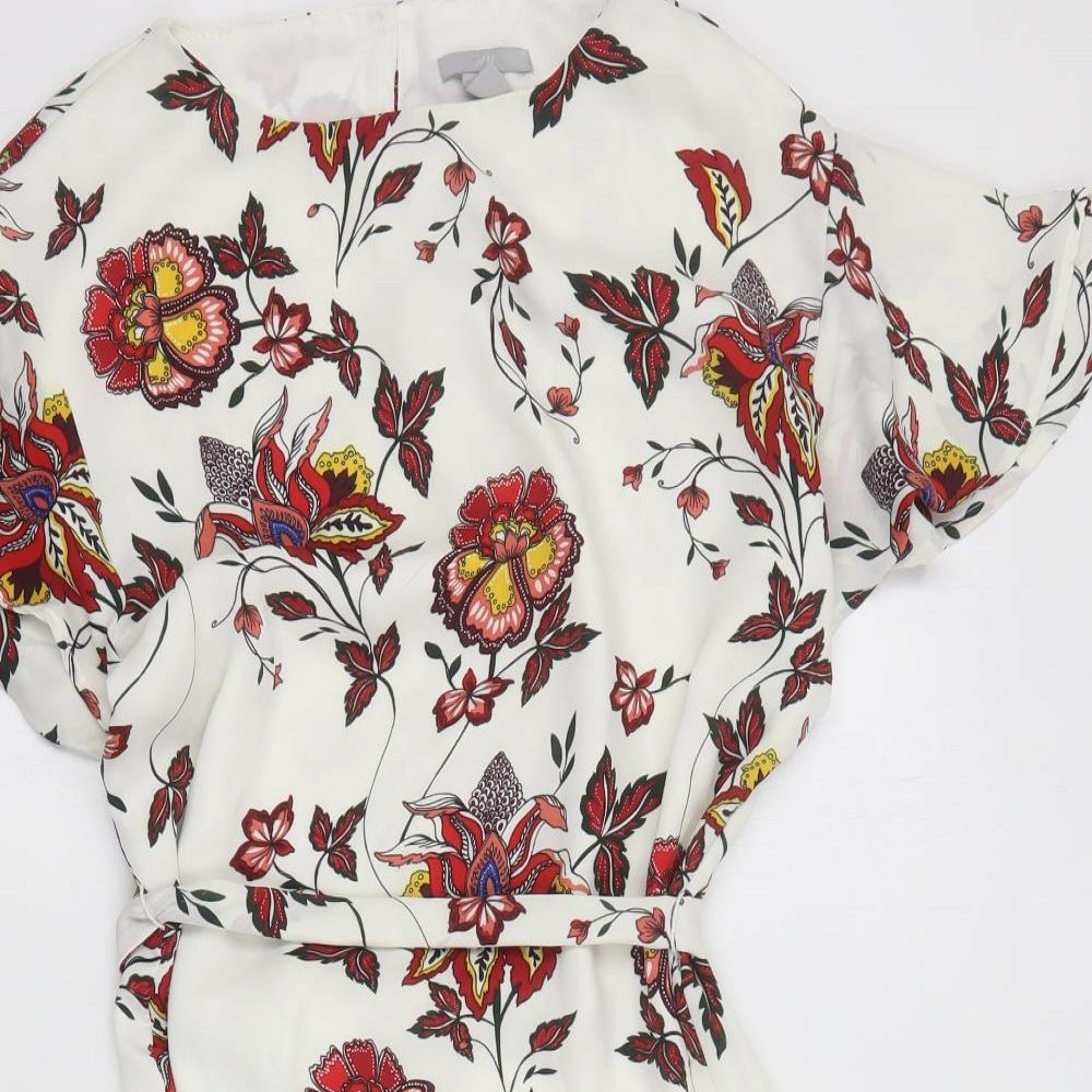 H&M Womens Ivory Floral Polyester Mini  Size 8  Round Neck Button